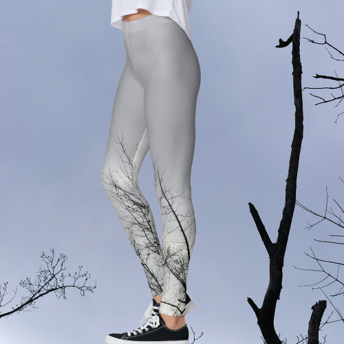 Black Silhouette Branches Gray Sky Leggings