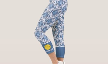Pickleball Design with Blue Boho Chic Ikat Pattern Capri Leggings