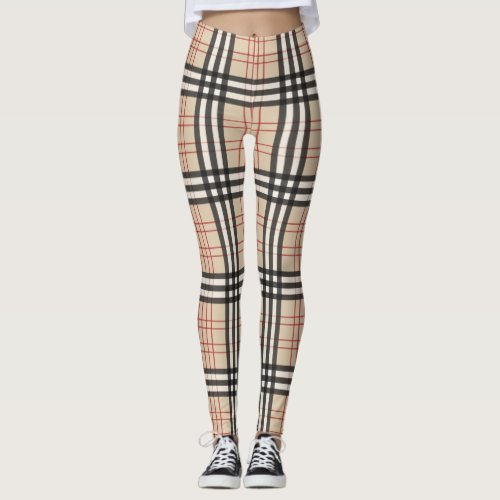 Beige Plaid Tartan Checkered Pattern Leggings