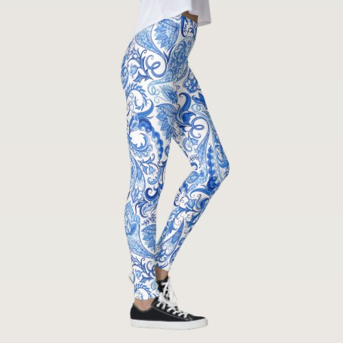 Hip Light And Dark Blue White Floral Paisley Art Leggings