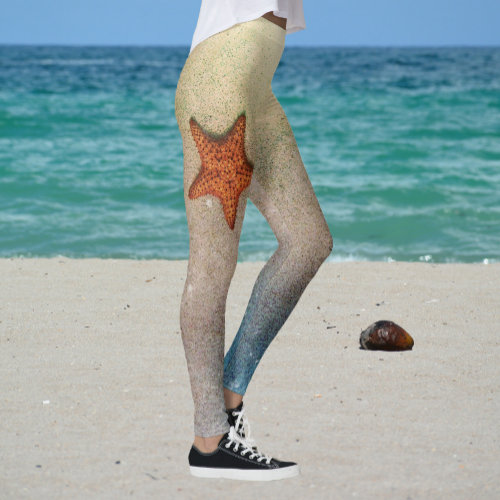 Orange Starfish in the Sand and Surf Leggings
