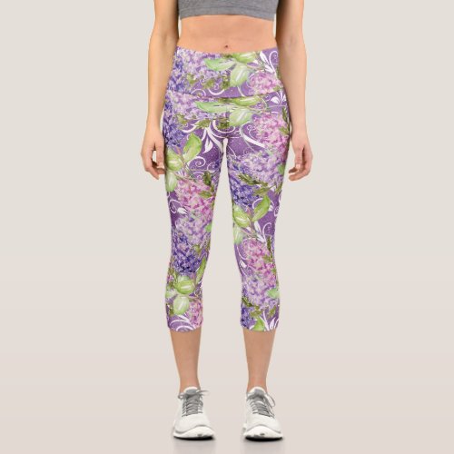Pretty Purple Watercolor Lilac Flowers Patterned Capri Leggings