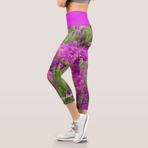 Purple Flowers Floral Personalized Name Capri Leggings