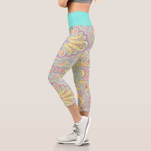 Cute Blue Orange Pink Purple White Paisley Floral Capri Leggings