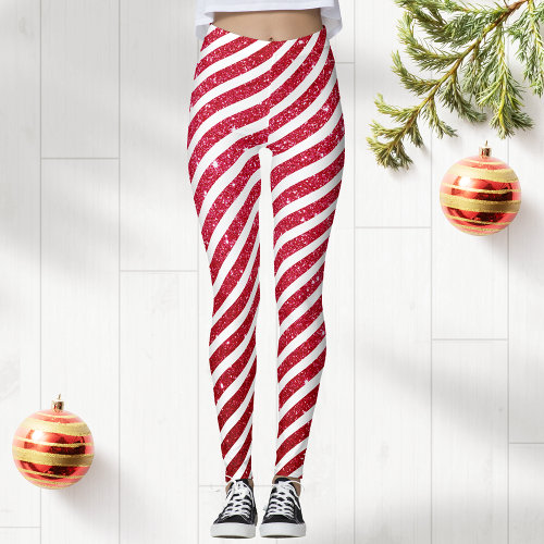 Cute Christmas Candy Cane Glitter Stripped Pattern Leggings