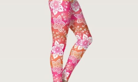 White Paisley Flowers On Hot Pink Orange Stripes Leggings