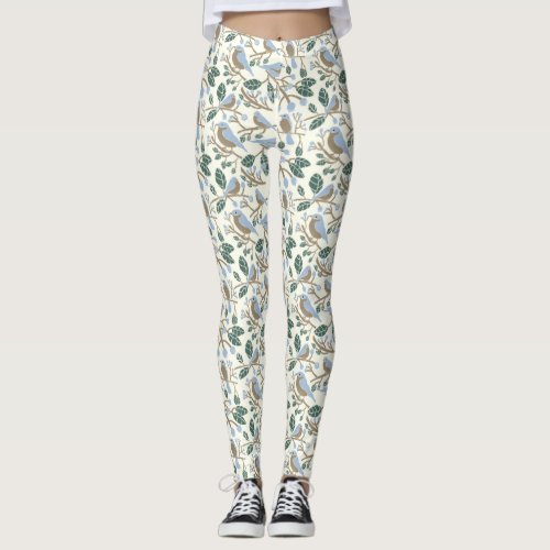 Blueberries and Bluebirds Light Blue, Brown, Cream Leggings