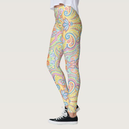 Cute Blue Orange Pink Purple White Paisley Floral Leggings