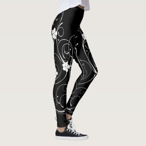 Trendy Black Color White Swirl and Flower Leggings