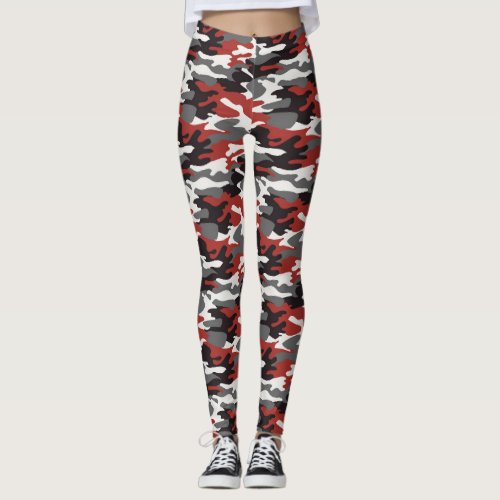 Gray, Red, Black & White Camouflage Leggings