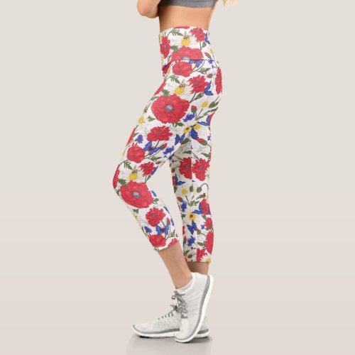 Pretty Floral Print Red Poppies Blue Wildflowers Capri Leggings
