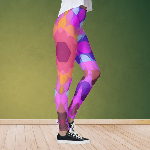 Retro Mandala Flower Pink Orange and Purple Leggings