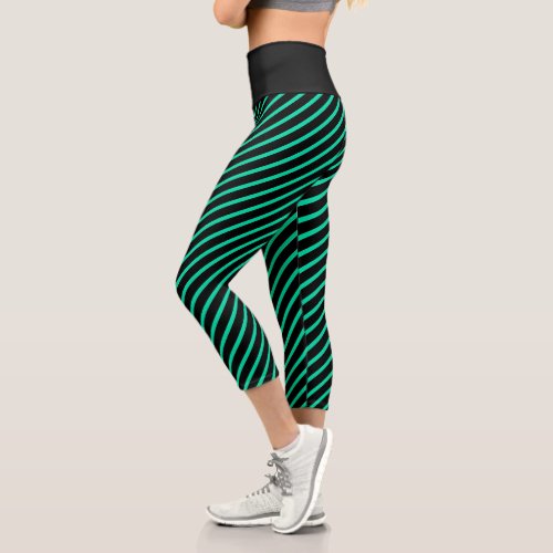 Diagonal Teal Stripes on Black Color Changeable Capri Leggings