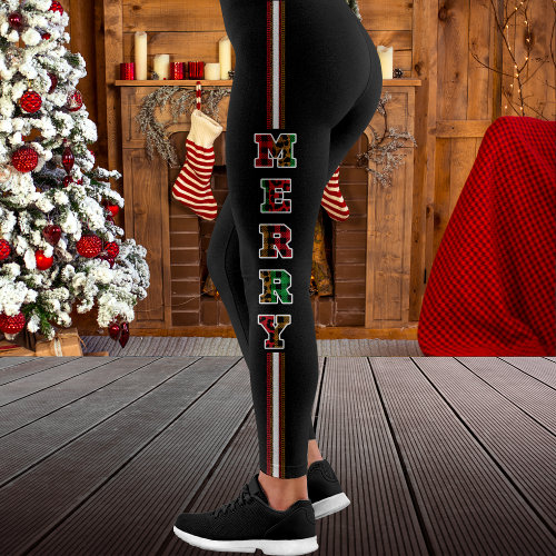 Merry Plaid & Leopard Print Side Stripe Christmas  Leggings