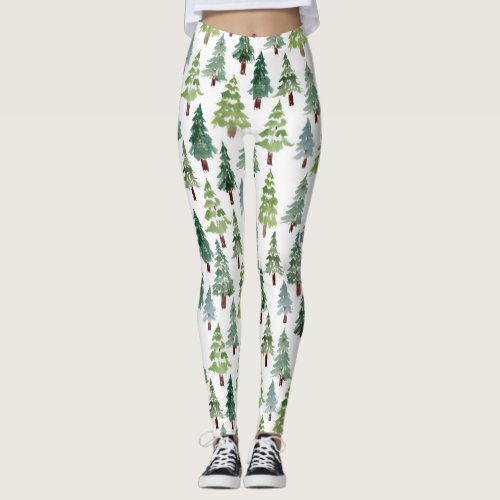 Watercolor Rustic Pine Tree Winter Forest   Leggings