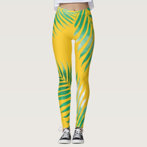 Yellow With Eucalyptus Leaf Print For Spring  Leggings