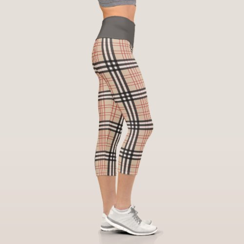 Beige Plaid Tartan Checkered Modern Trendy Pattern Capri Leggings