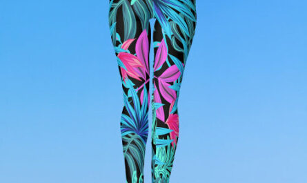 Luscious Tropical Floral Pattern Black Teal Pink Leggings
