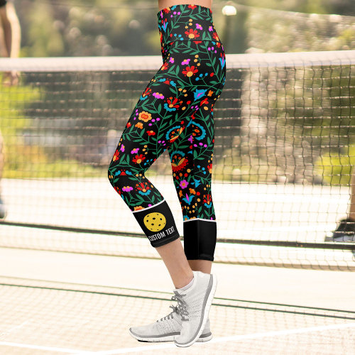 Pickleball Print Fun Colorful Floral Custom Text Capri Leggings