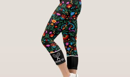 Fun Colorful Floral Print Custom Tennis Logo Capri Leggings
