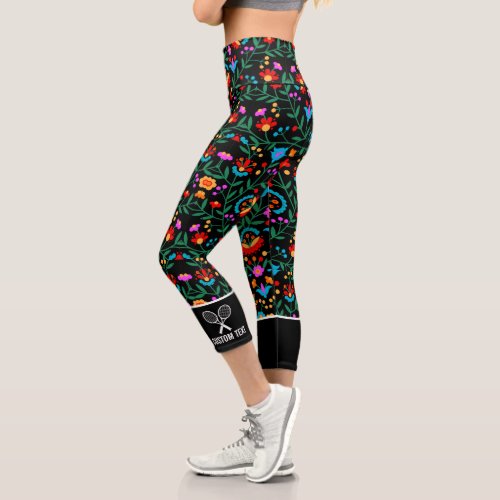 Fun Colorful Floral Print Custom Tennis Logo Capri Leggings