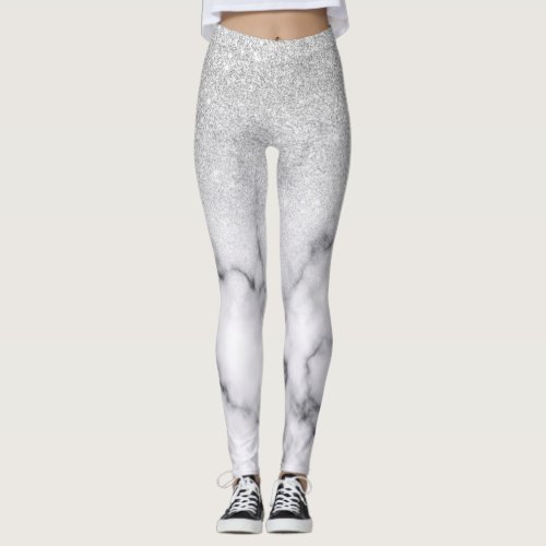 Glamorous Silver White Glitter Marble Gradient Leggings