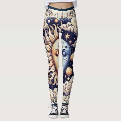 Vintage Celestial Half Sun & Moon Blue Yellow Leggings