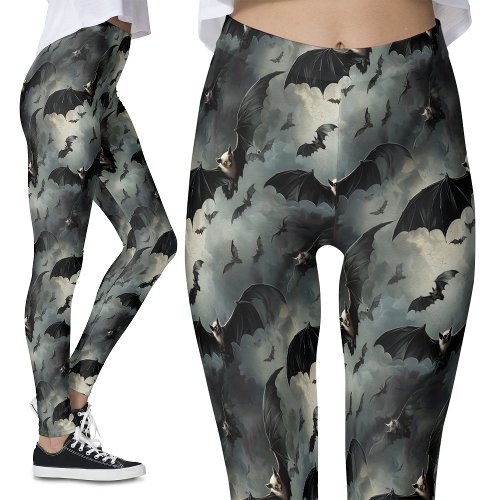 Vintage Flying Bats Stormy Skies Gothic Leggings