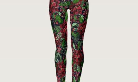 Christmas Burgundy Poinsettia Flowers Watercolor Leggings
