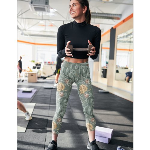 Tropical Watercolor Gold & Green Leaves Pattern  Leggings