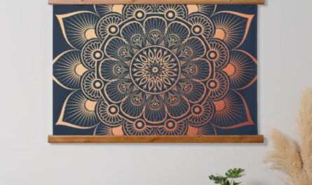 Boho navy Blue Peach Mandala Wood Topped Hanging Tapestry