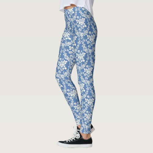 French Blue White Floral Pattern Botanical Chic Leggings