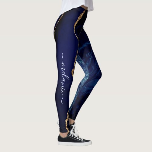 Navy Blue Gold Leggings Custom Letter and Name