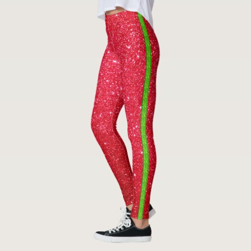Red Green Glitter Christmas Leggings Stripes