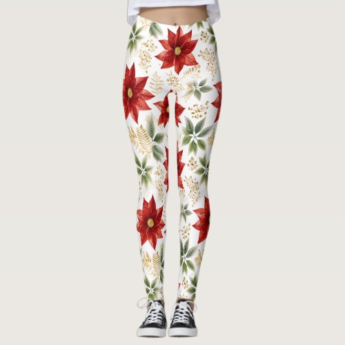Floral Poinsettia Red Flower Leggings