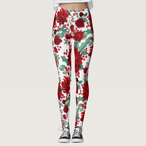 Merry Red Poinsettia Flowers Ivy Leaves Watercolor Leggings