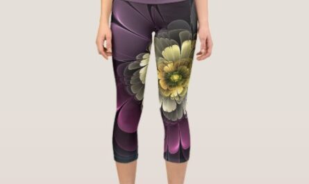 Abstract Modern Purpur Khaki Gray Fractal Flower Capri Leggings