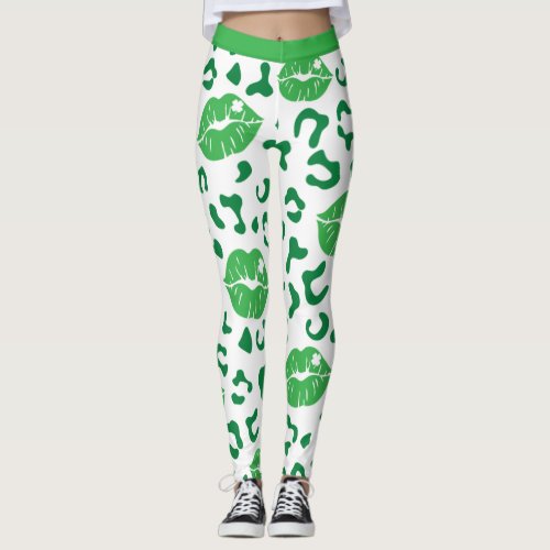 St. Patrick's Day Lips Kiss Green Shamrock Clover Leggings